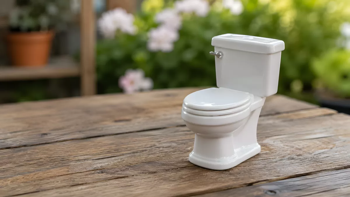 Miniatur-Toilette aus Keramik auf rustikalem Holztisch