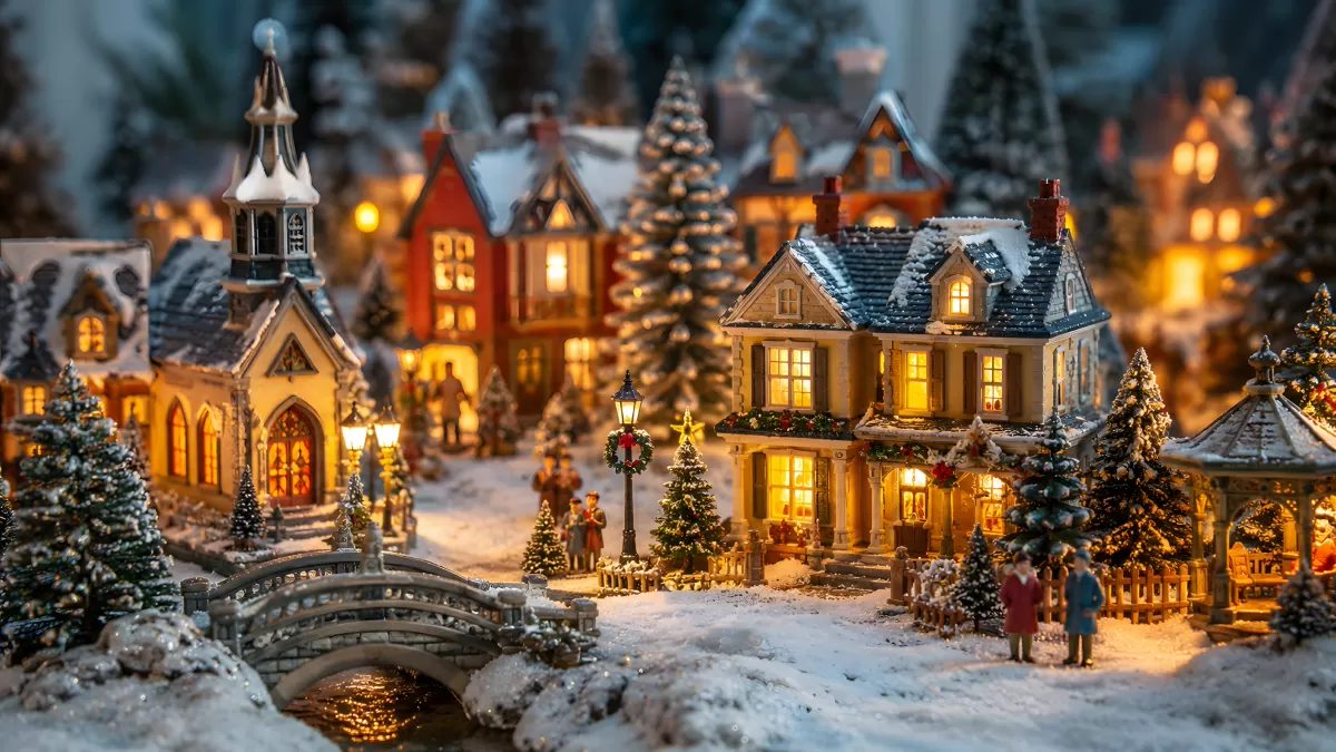 Miniatur-Weihnachtsdorf mit beleuchteten Häusern im Schnee