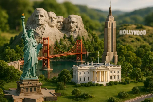Miniaturansicht berühmter US-Wahrzeichen wie Freiheitsstatue und Golden Gate Bridge