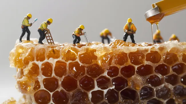 Miniaturarbeiter auf Honigwabe bei der Arbeit