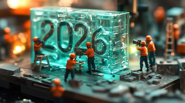 Miniaturarbeiter bauen Jahr 2026 im Hightech-Labor