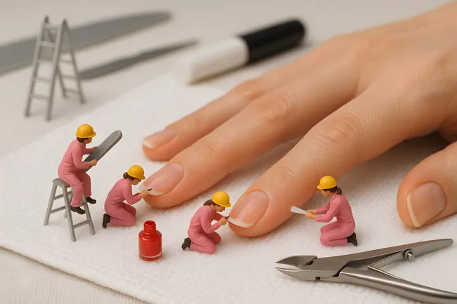 Miniaturarbeiter bei kreativer Maniküre an echter Hand