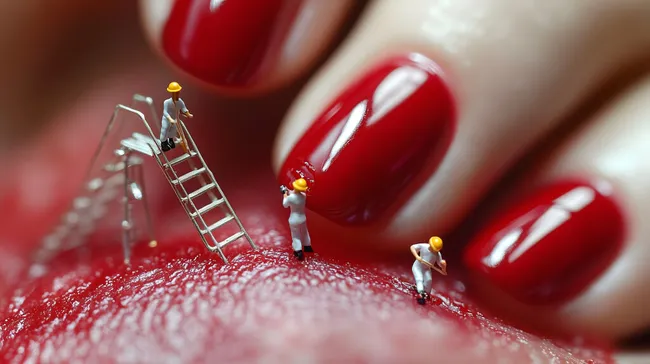 Miniaturarbeiter bei Maniküre auf rotem Fingernagel