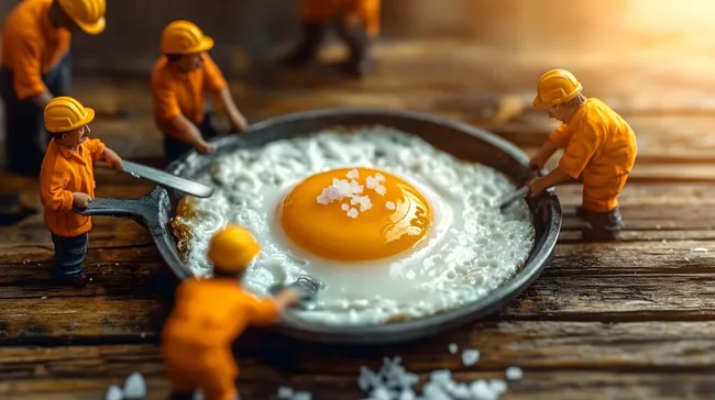 Miniaturarbeiter in rustikaler Szene mit Spiegelei