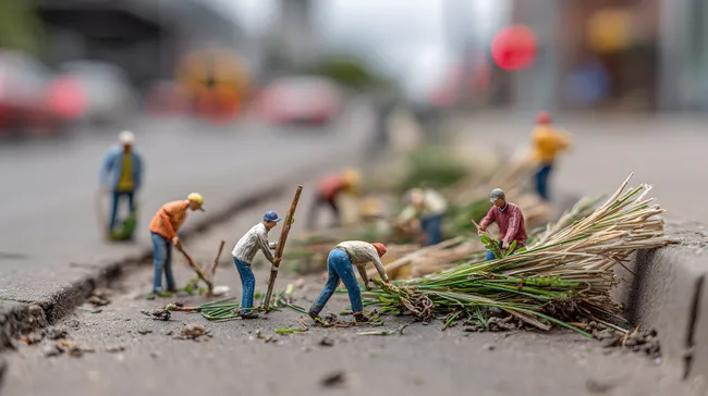 Miniaturarbeiter reinigen Straßenrand von Pflanzen und Müll