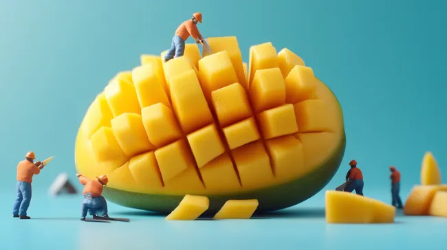 Miniaturarbeiter schneiden eine große Mango