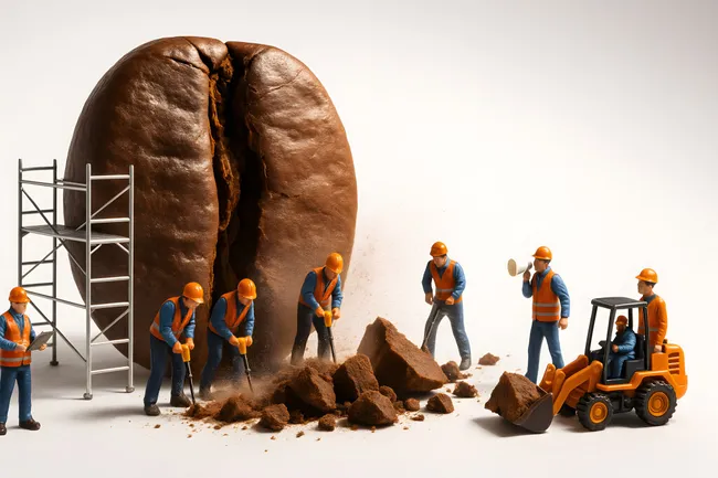 Miniaturarbeiter sprengen Kaffeebohne im Hintergrund