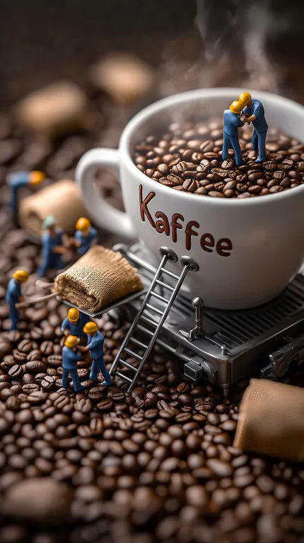 Miniaturarbeiter umarmen sich in dampfender Kaffeetasse