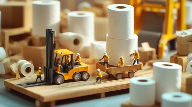Miniaturarbeiter verladen Toilettenpapier auf Gabelstapler