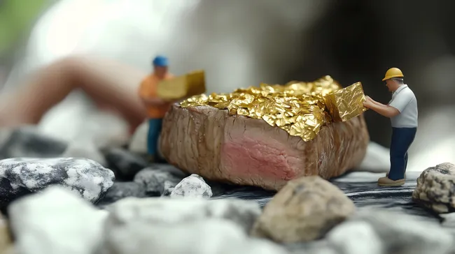 Miniaturarbeiter verzieren exklusives Fleischgericht