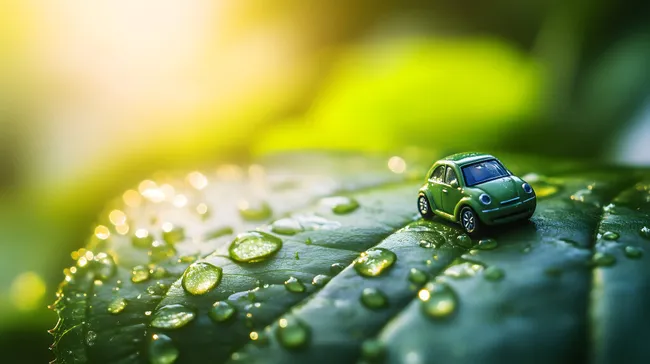 Miniaturauto auf nasser Blattoberfläche im Sonnenlicht