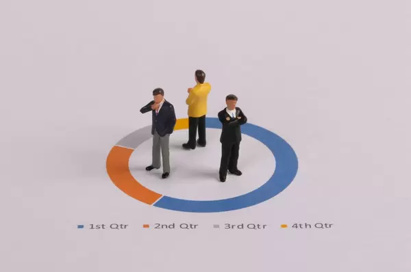 Miniature businessman standing on printed analysis pie chart