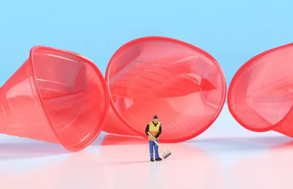 Miniature cleaning worker with empty plastic cups