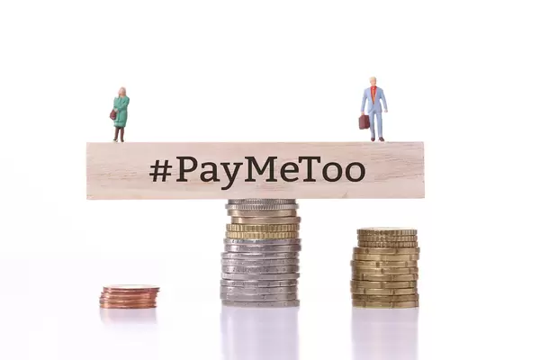 Miniature men and women standing on the the wooden block with #PayMeToo text