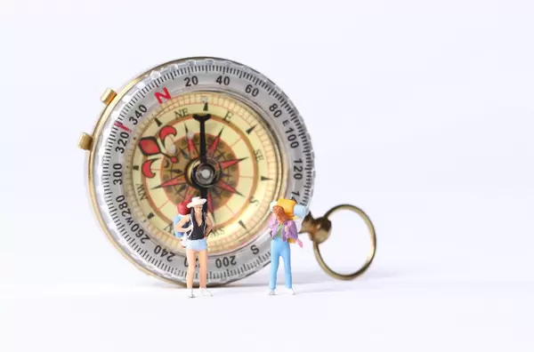 Miniature travelers and compas on white background