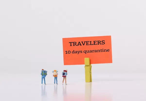 Miniature travelers standing in front of sign for 10 days quarantine