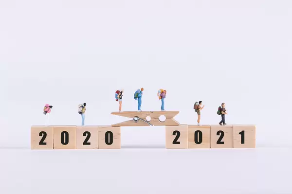 Miniature travelers walking on wooden bridge between 2020 and 2021 text on white background