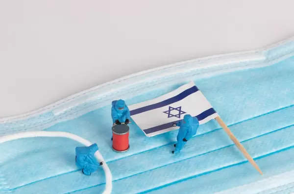 Miniature workers in protective clothes on a medical mask with flag of Israel