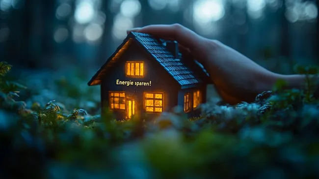 Miniaturfigur hält energiesparendes Haus in Waldidylle