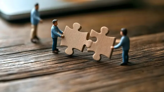 Miniaturfiguren bauen gemeinsam am Puzzle auf Holztisch