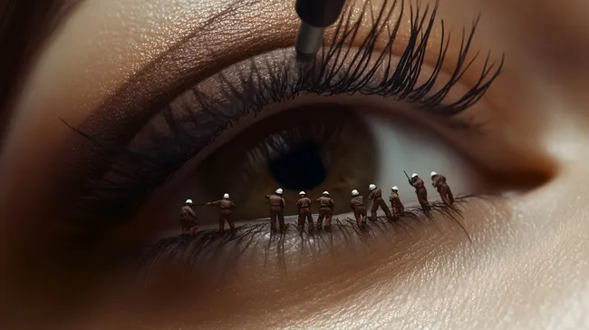 Miniaturfiguren bei Wimpernpflege am Auge