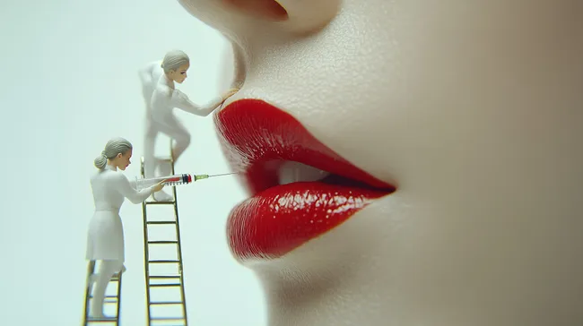 Miniaturfiguren injizieren rote Lippen als Symbol der Schönheitschirurgie