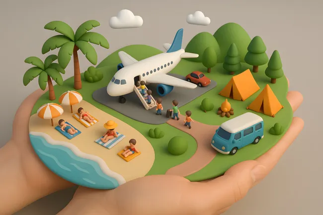 Miniaturflughafen mit Flugzeug, Urlaubern und Campingplatz