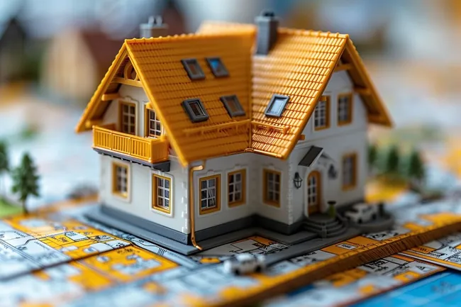 Miniaturhaus auf Architektur-Bauplan - Immobilien-Investition