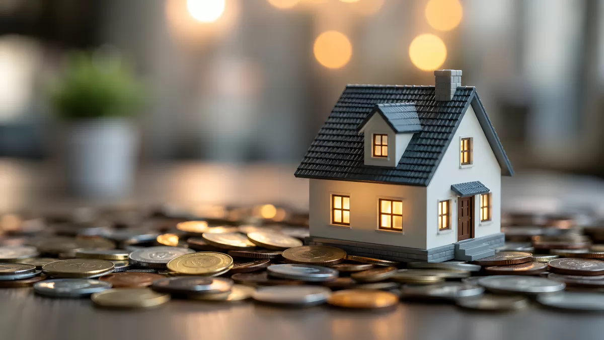 Miniaturhaus auf Münzstapel als Immobilien-Symbol