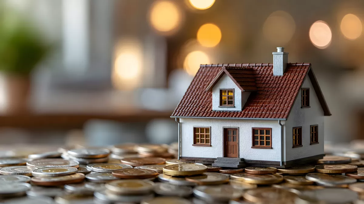 Miniaturhaus auf Münzstapeln als Immobiliensymbol