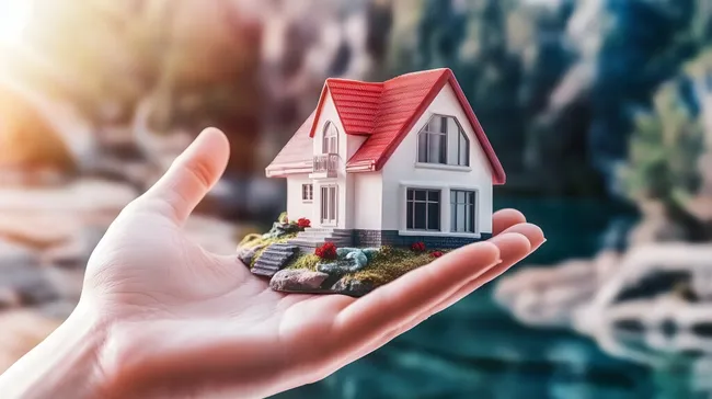 Miniaturhaus in der Hand, umgeben von Natur