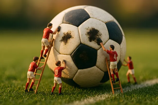 Miniaturisierte Fußballspieler reinigen schmutzigen Ball