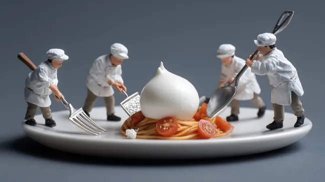 Miniaturköche bei der Zubereitung eines Tomatensalats mit Burrata