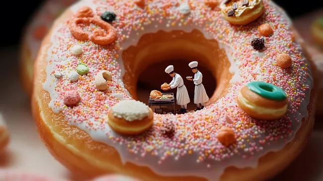 Miniaturköche bereiten üppig dekorierte Donuts zu