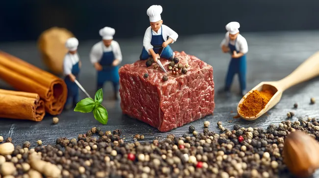Miniaturköche bereiten würziges Rindfleischsteak zu