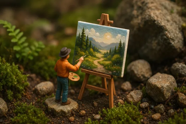 Miniaturkünstler malt faszinierende Waldlandschaft