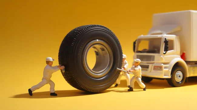 Miniaturmechaniker warten Riesen-LKW-Reifen vor Gelbem Hintergrund