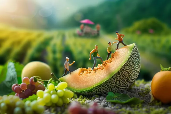 Miniaturmenschen klettern auf exotische Melone in Natur