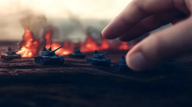 Miniaturpanzer in brennender Kriegslandschaft