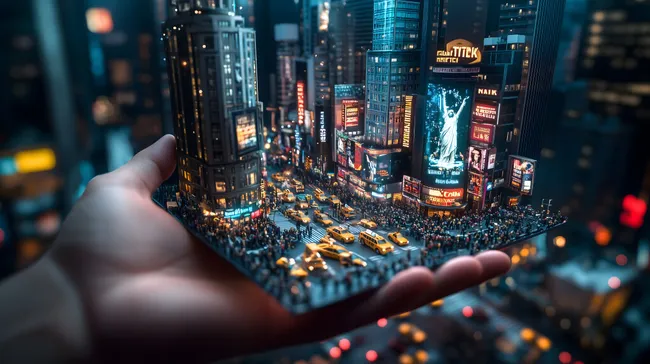 Miniaturstadt auf einer Handfläche - New York Times Square bei Nacht