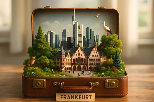 Miniaturstadt Frankfurt mit Römers und Skyline im Reisekoffer