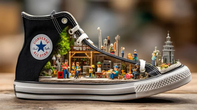 Miniaturstadt in Converse-Schuh mit Spielfiguren