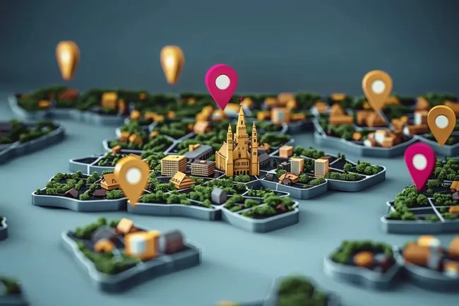 Miniaturstadt mit Sehenswürdigkeiten und Standortmarkierung