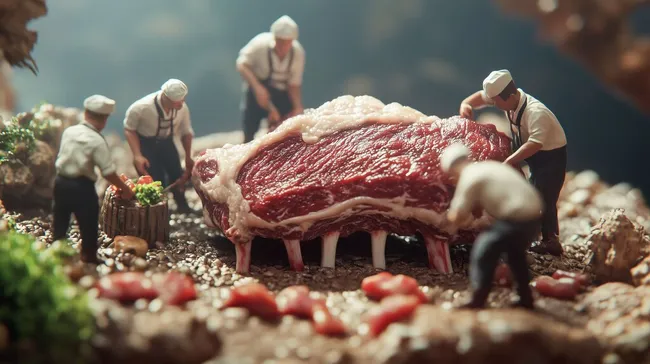 Minifiguren bereiten Fleisch in kreativer Fotografie zu