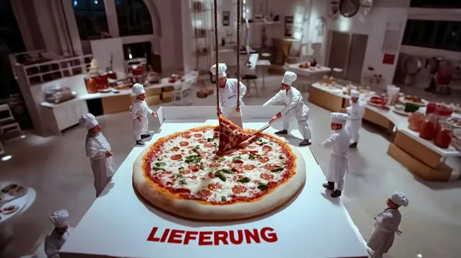 Miniköche bereiten riesige Pizza für Lieferservice vor