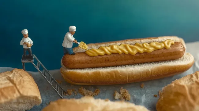 Miniköche dekorieren handgefertigten Hotdog mit Senf