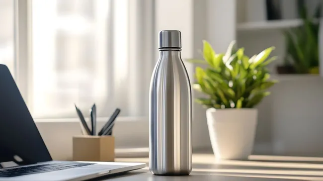 Minimalistische Edelstahl-Trinkflasche auf Schreibtisch