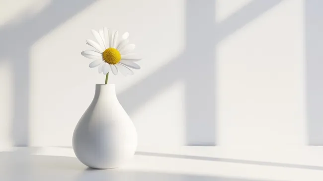 Minimalistische Gänseblümchen-Vase auf hellem Hintergrund