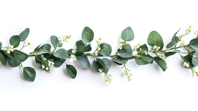 Minimalistische Girlande aus Eukalyptusblättern und weißen Knospen
