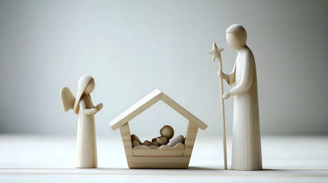Minimalistische Holzkrippe mit Engelfiguren und Stern